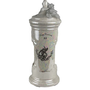 25th Anniversary Candle Iredescent Pearled Ceramic Enclosed Holder 13.5” T